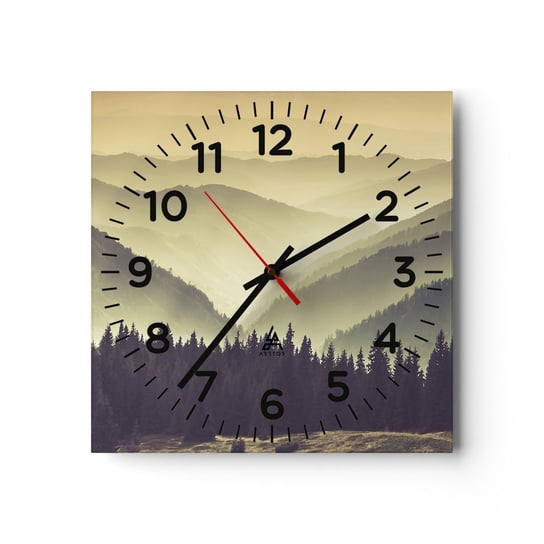 Zegar ścienny - Za siedmioma górami… - 40x40cm - Krajobraz Las Góry - Kwadratowy zegar szklany - Nowoczeny Stylowy Zegar do salonu do kuchni - Cichy i Modny zegar ARTTOR