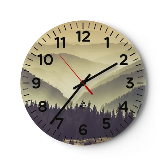 Zegar ścienny - Za siedmioma górami… - 40x40cm - Krajobraz Las Góry - Okrągły zegar szklany - Nowoczeny Stylowy Zegar do salonu do kuchni - Cichy i Modny zegar ARTTOR