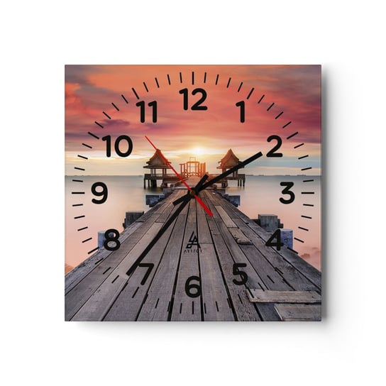 Zegar ścienny - Zachód na wschodzie - 30x30cm - Krajobraz Drewniane Molo Morze - Kwadratowy zegar ścienny - Nowoczeny Stylowy Zegar do salonu do kuchni - Cichy i Modny zegar ARTTOR