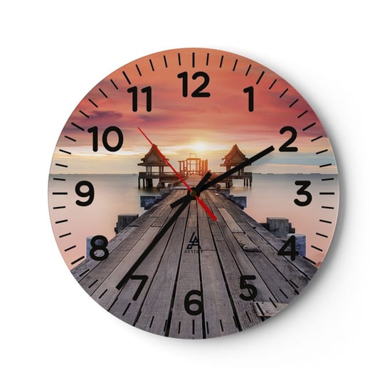 Zegar ścienny - Zachód na wschodzie - 30x30cm - Krajobraz Drewniane Molo Morze - Okrągły zegar ścienny - Nowoczeny Stylowy Zegar do salonu do kuchni - Cichy i Modny zegar ARTTOR