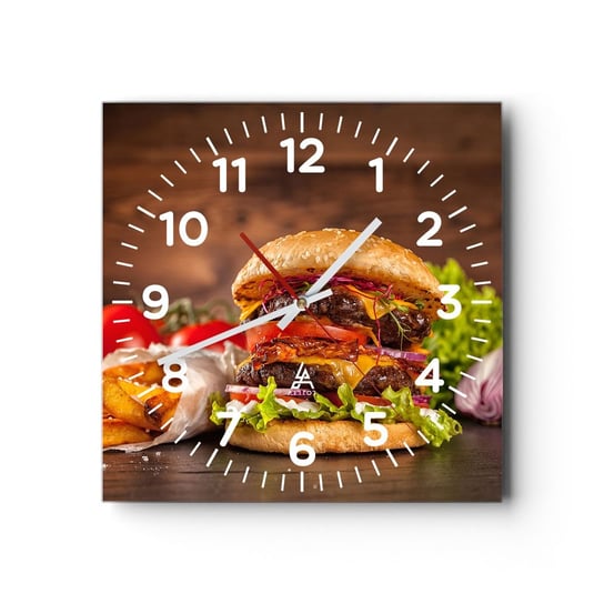 Zegar ścienny - Zakazany owoc - 30x30cm - Gastronomia Hamburger Burger - Kwadratowy zegar ścienny - Nowoczeny Stylowy Zegar do salonu do kuchni - Cichy i Modny zegar ARTTOR