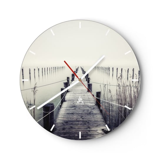 Zegar ścienny - Zanurz się w spokoju - 30x30cm - Pomost Jezioro Cisza - Okrągły zegar na szkle - Nowoczeny Stylowy Zegar do salonu do kuchni - Cichy i Modny zegar ARTTOR