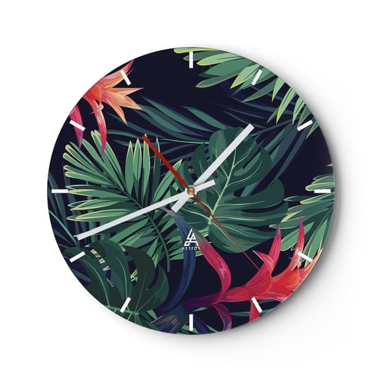 Zegar ścienny - Zapłonąć w zieleni - 30x30cm - Kwiaty Roślina Tropikalna Liście Palmowe - Okrągły zegar na szkle - Nowoczeny Stylowy Zegar do salonu do kuchni - Cichy i Modny zegar ARTTOR