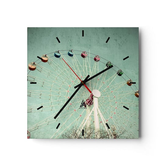 Zegar ścienny - Zapraszamy do zabawy - 30x30cm - Diabelski Młyn Karuzela Vintage - Kwadratowy zegar na szkle - Nowoczeny Stylowy Zegar do salonu do kuchni - Cichy i Modny zegar ARTTOR