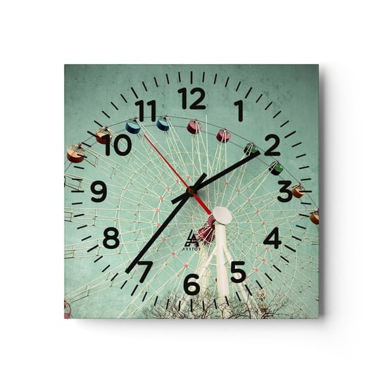 Zegar ścienny - Zapraszamy do zabawy - 30x30cm - Diabelski Młyn Karuzela Vintage - Kwadratowy zegar ścienny - Nowoczeny Stylowy Zegar do salonu do kuchni - Cichy i Modny zegar ARTTOR