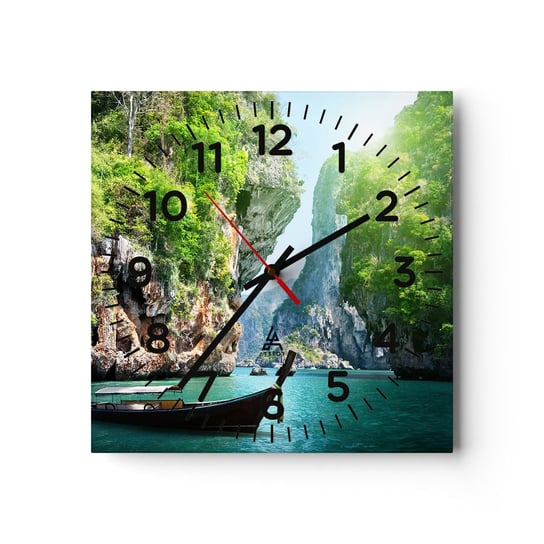 Zegar ścienny - Zaproszenie do egzotycznej podróży - 40x40cm - Krajobraz Tajlandia Morze - Kwadratowy zegar szklany - Nowoczeny Stylowy Zegar do salonu do kuchni - Cichy i Modny zegar ARTTOR