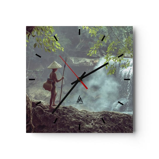Zegar ścienny - Zaprzyjaźniony z naturą - 30x30cm - Azja Wodospad Krajobraz - Kwadratowy zegar na szkle - Nowoczeny Stylowy Zegar do salonu do kuchni - Cichy i Modny zegar ARTTOR