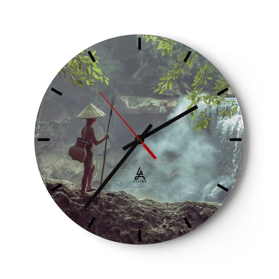 Zegar ścienny - Zaprzyjaźniony z naturą - 30x30cm - Azja Wodospad Krajobraz - Okrągły zegar na szkle - Nowoczeny Stylowy Zegar do salonu do kuchni - Cichy i Modny zegar ARTTOR