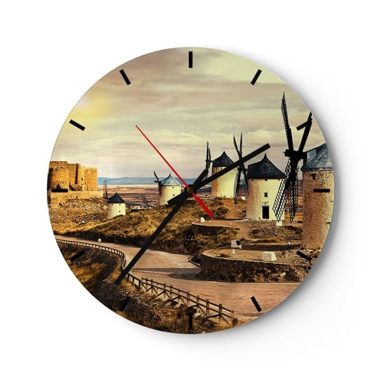 Zegar ścienny - Zaraz pojawi się Don Kichot - 40x40cm - Krajobraz Andaluzja Wiatraki - Okrągły zegar ścienny - Nowoczeny Stylowy Zegar do salonu do kuchni - Cichy i Modny zegar ARTTOR