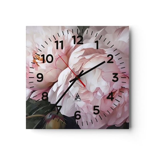 Zegar ścienny - Zatrzymane w rozkwicie - 40x40cm - Kwiaty Piwonie Romantyczny - Kwadratowy zegar szklany - Nowoczeny Stylowy Zegar do salonu do kuchni - Cichy i Modny zegar ARTTOR