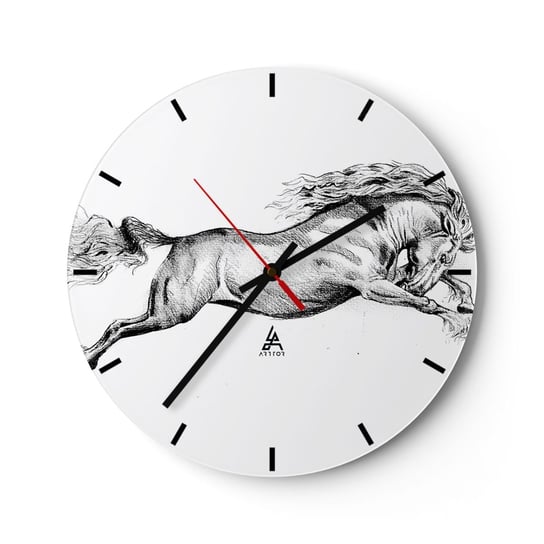 Zegar ścienny - Zatrzymany w galopie - 30x30cm - Koń Zwierzęta Grafika - Okrągły zegar na szkle - Nowoczeny Stylowy Zegar do salonu do kuchni - Cichy i Modny zegar ARTTOR