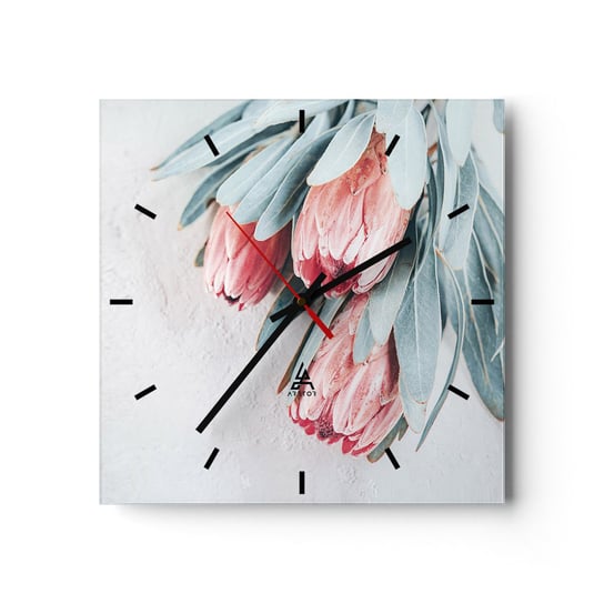 Zegar ścienny - Zawstydzone własną urodą - 30x30cm - Kwiat Protea Królewska Afryka - Kwadratowy zegar na szkle - Nowoczeny Stylowy Zegar do salonu do kuchni - Cichy i Modny zegar ARTTOR