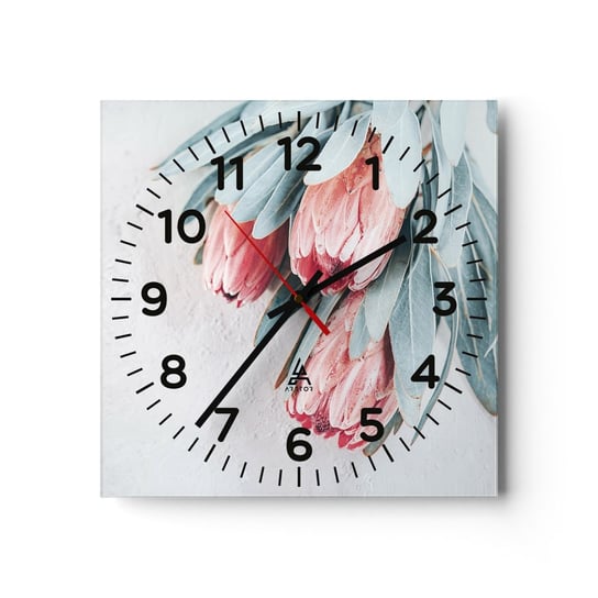 Zegar ścienny - Zawstydzone własną urodą - 40x40cm - Kwiat Protea Królewska Afryka - Kwadratowy zegar szklany - Nowoczeny Stylowy Zegar do salonu do kuchni - Cichy i Modny zegar ARTTOR