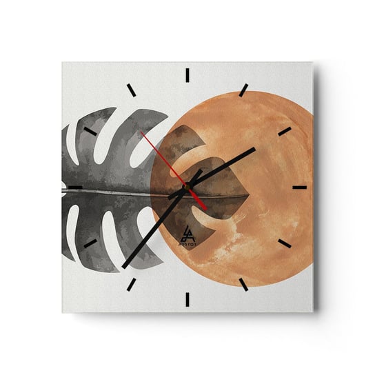 Zegar ścienny - Zawsze słońce - 30x30cm - Liść Słońce Boho - Kwadratowy zegar na szkle - Nowoczeny Stylowy Zegar do salonu do kuchni - Cichy i Modny zegar ARTTOR
