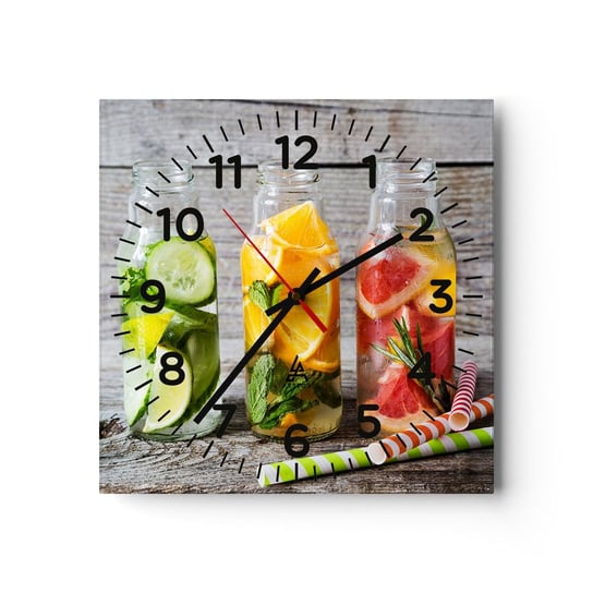 Zegar ścienny - Zdrowe z natury - 30x30cm - Gastronomia Owocowy Napój Owoce - Kwadratowy zegar ścienny - Nowoczeny Stylowy Zegar do salonu do kuchni - Cichy i Modny zegar ARTTOR
