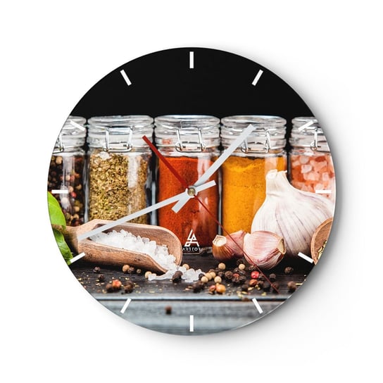 Zegar ścienny - Żeby życie miało smak - 30x30cm - Gastronomia Suszone Zioła Przyprawy - Okrągły zegar na szkle - Nowoczeny Stylowy Zegar do salonu do kuchni - Cichy i Modny zegar ARTTOR