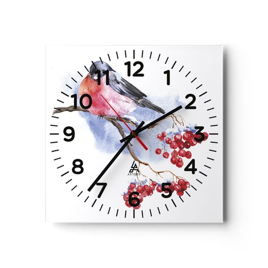Zegar ścienny - Zima w kolorze - 30x30cm - Ptak Na Gałęzi Czerwona Jarzębina Grafika - Kwadratowy zegar ścienny - Nowoczeny Stylowy Zegar do salonu do kuchni - Cichy i Modny zegar ARTTOR