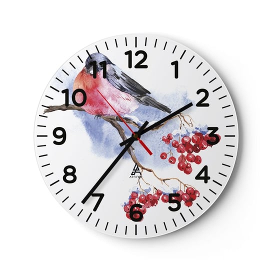 Zegar ścienny - Zima w kolorze - 30x30cm - Ptak Na Gałęzi Czerwona Jarzębina Grafika - Okrągły zegar ścienny - Nowoczeny Stylowy Zegar do salonu do kuchni - Cichy i Modny zegar ARTTOR