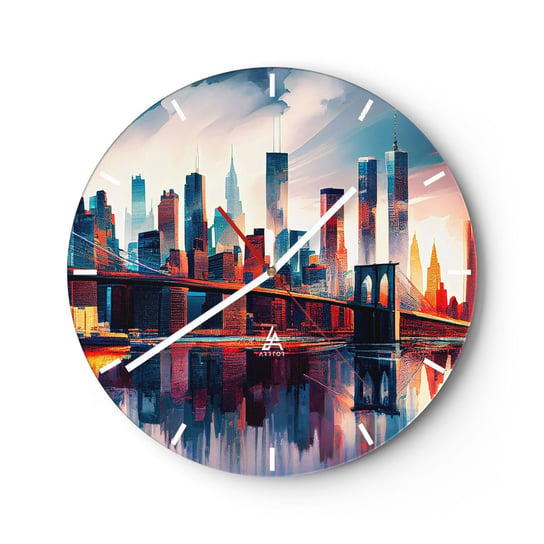Zegar ścienny - Zjawiskowy Nowy Jork - 30x30cm - Miasto Most Architektura - Okrągły zegar na szkle - Nowoczeny Stylowy Zegar do salonu do kuchni - Cichy i Modny zegar ARTTOR