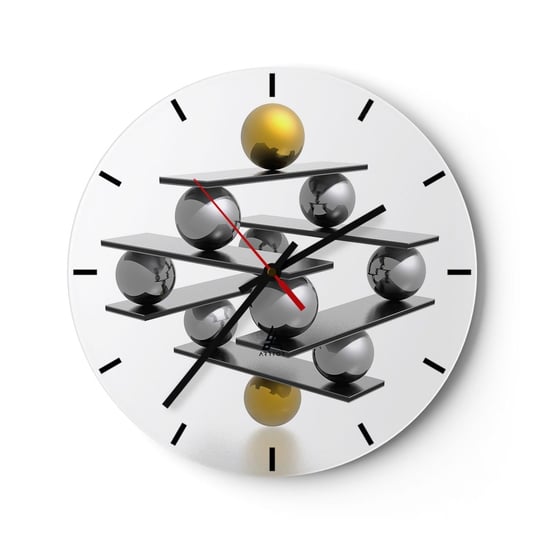 Zegar ścienny - Złoto-srebrna równowaga - 30x30cm - Abstrakcja Metalowe Kulki 3D - Okrągły zegar na szkle - Nowoczeny Stylowy Zegar do salonu do kuchni - Cichy i Modny zegar ARTTOR