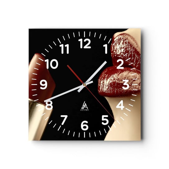 Zegar ścienny - Zmysłowość i blask karminu - 30x30cm - Ludzie Kobieta Makijaż - Kwadratowy zegar ścienny - Nowoczeny Stylowy Zegar do salonu do kuchni - Cichy i Modny zegar ARTTOR