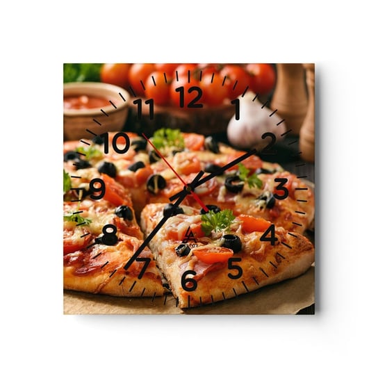 Zegar ścienny - Znów ci się upiekło - 30x30cm - Gastronomia Pizza Pomidor - Kwadratowy zegar ścienny - Nowoczeny Stylowy Zegar do salonu do kuchni - Cichy i Modny zegar ARTTOR