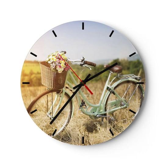 Zegar ścienny - Zostanę tu chwilę - 30x30cm - Rower Łąka Kwiaty - Okrągły zegar na szkle - Nowoczeny Stylowy Zegar do salonu do kuchni - Cichy i Modny zegar ARTTOR