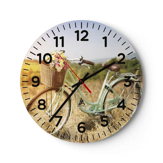 Zegar ścienny - Zostanę tu chwilę - 30x30cm - Rower Łąka Kwiaty - Okrągły zegar ścienny - Nowoczeny Stylowy Zegar do salonu do kuchni - Cichy i Modny zegar ARTTOR