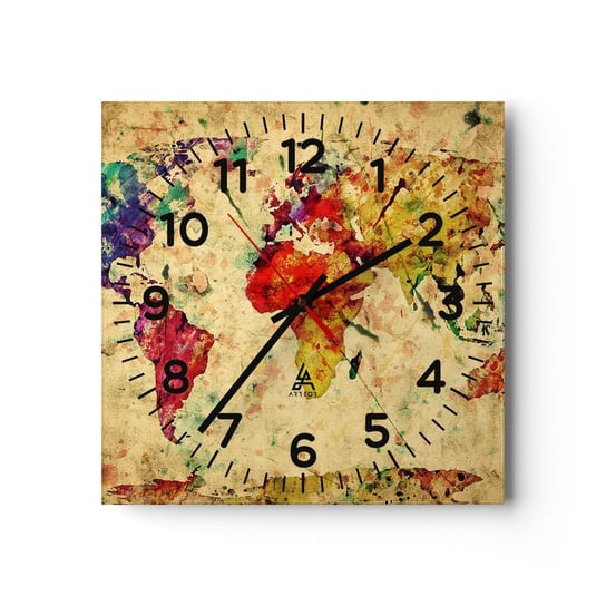 Zegar ścienny - Życie jak barwny papier mapy - 30x30cm - Mapa Świata Kontynenty Podróże - Kwadratowy zegar ścienny - Nowoczeny Stylowy Zegar do salonu do kuchni - Cichy i Modny zegar ARTTOR