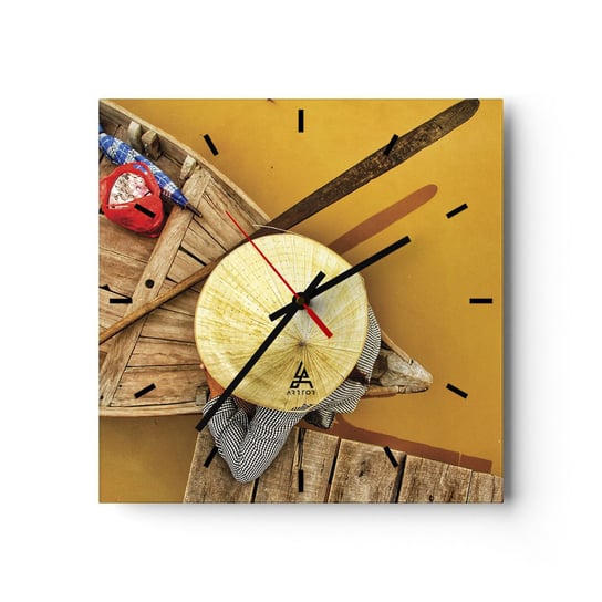 Zegar ścienny - Życie na żółtej rzece - 30x30cm - Rzeka Mekong Łódka Drewniany Pomost - Kwadratowy zegar na szkle - Nowoczeny Stylowy Zegar do salonu do kuchni - Cichy i Modny zegar ARTTOR