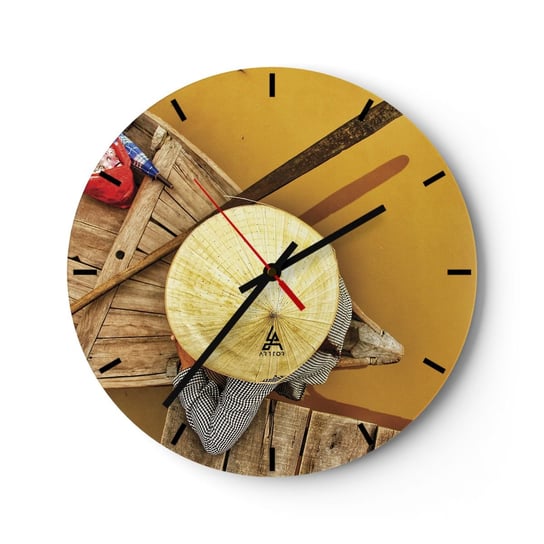 Zegar ścienny - Życie na żółtej rzece - 30x30cm - Rzeka Mekong Łódka Drewniany Pomost - Okrągły zegar na szkle - Nowoczeny Stylowy Zegar do salonu do kuchni - Cichy i Modny zegar ARTTOR