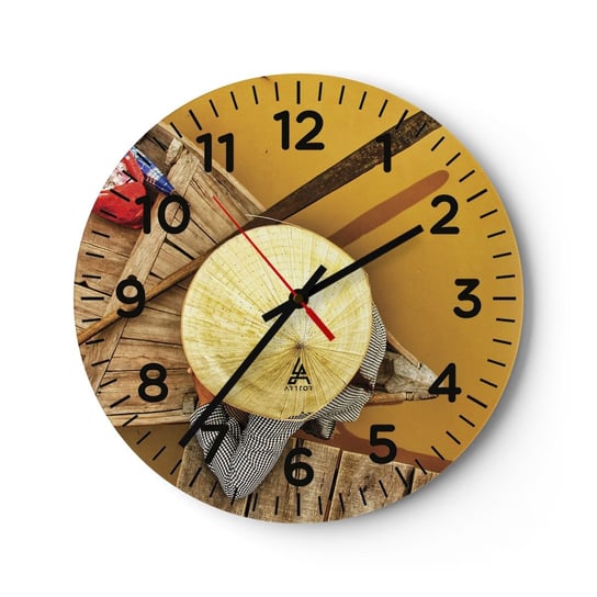 Zegar ścienny - Życie na żółtej rzece - 40x40cm - Rzeka Mekong Łódka Drewniany Pomost - Okrągły zegar szklany - Nowoczeny Stylowy Zegar do salonu do kuchni - Cichy i Modny zegar ARTTOR