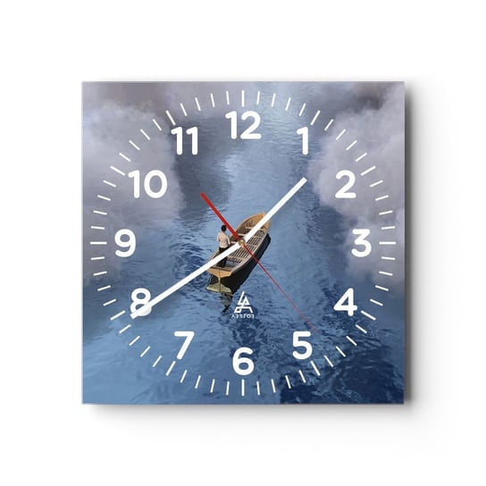 Zegar ścienny - Życie – podróż – niewiadoma - 40x40cm - Łódka Jezioro Chmury - Kwadratowy zegar szklany - Nowoczeny Stylowy Zegar do salonu do kuchni - Cichy i Modny zegar ARTTOR