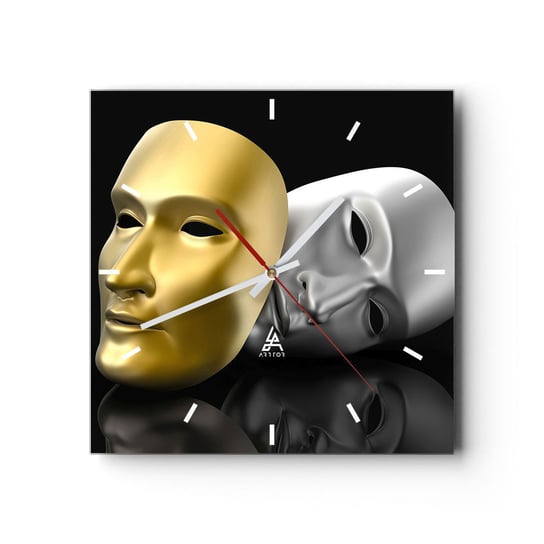 Zegar ścienny - Życie to jest teatr - 30x30cm - Maska Sztuka Teatr - Kwadratowy zegar na szkle - Nowoczeny Stylowy Zegar do salonu do kuchni - Cichy i Modny zegar ARTTOR