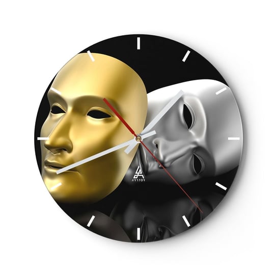 Zegar ścienny - Życie to jest teatr - 30x30cm - Maska Sztuka Teatr - Okrągły zegar na szkle - Nowoczeny Stylowy Zegar do salonu do kuchni - Cichy i Modny zegar ARTTOR