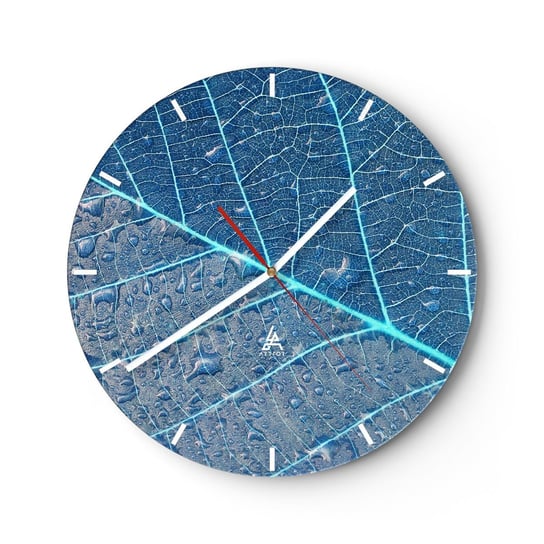 Zegar ścienny - Życie w błękicie - 30x30cm - Liść Roślina Natura - Okrągły zegar na szkle - Nowoczeny Stylowy Zegar do salonu do kuchni - Cichy i Modny zegar ARTTOR