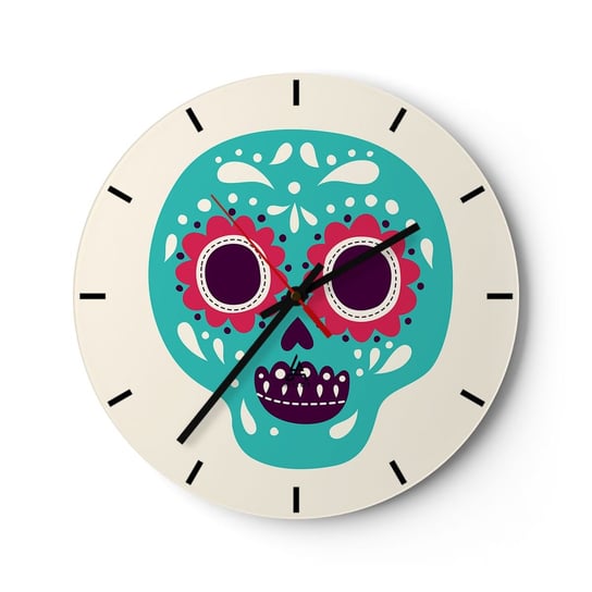 Zegar ścienny - Życie – zabawa aż do śmierci - 30x30cm - Czaszka Meksyk Meksykański - Okrągły zegar na szkle - Nowoczeny Stylowy Zegar do salonu do kuchni - Cichy i Modny zegar ARTTOR