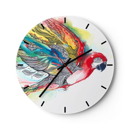 Zegar ścienny - Żyj kolorowo - 30x30cm - Ptak Papuga Kolorowe Pióra - Okrągły zegar na szkle - Nowoczeny Stylowy Zegar do salonu do kuchni - Cichy i Modny zegar ARTTOR