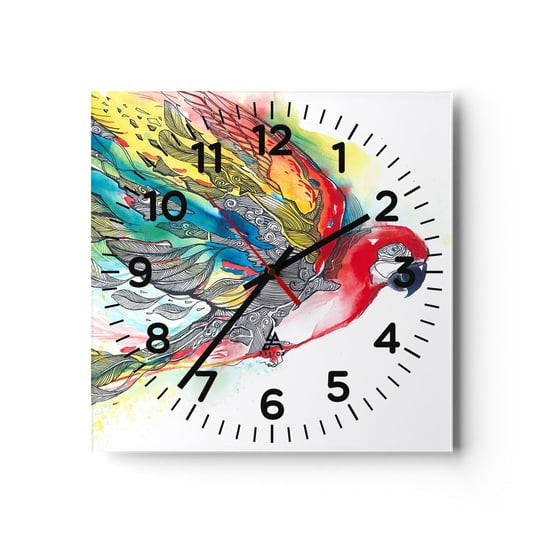 Zegar ścienny - Żyj kolorowo - 40x40cm - Ptak Papuga Kolorowe Pióra - Kwadratowy zegar szklany - Nowoczeny Stylowy Zegar do salonu do kuchni - Cichy i Modny zegar ARTTOR