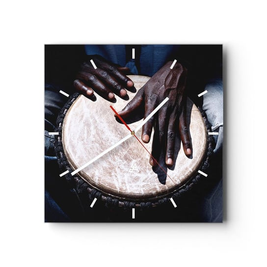 Zegar ścienny - Żyj w swoim rytmie - 30x30cm - Bęben Muzyka Afryka - Kwadratowy zegar na szkle - Nowoczeny Stylowy Zegar do salonu do kuchni - Cichy i Modny zegar ARTTOR