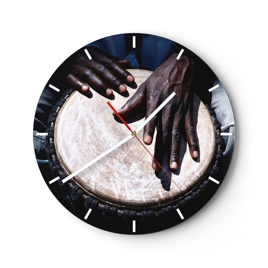 Zegar ścienny - Żyj w swoim rytmie - 30x30cm - Bęben Muzyka Afryka - Okrągły zegar na szkle - Nowoczeny Stylowy Zegar do salonu do kuchni - Cichy i Modny zegar ARTTOR