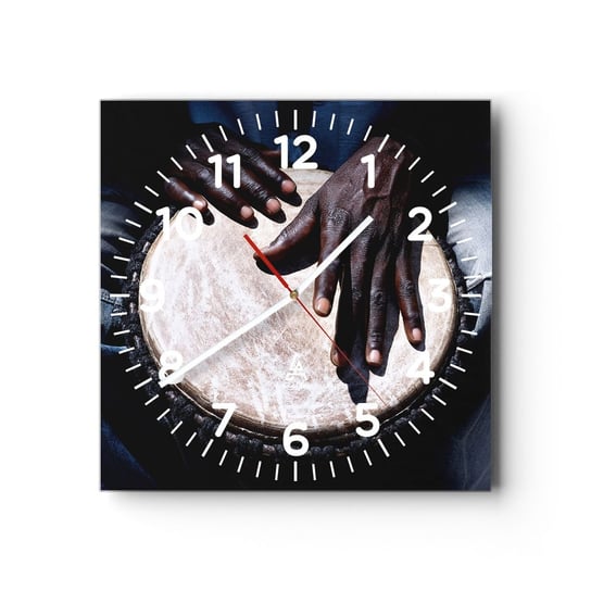 Zegar ścienny - Żyj w swoim rytmie - 40x40cm - Bęben Muzyka Afryka - Kwadratowy zegar szklany - Nowoczeny Stylowy Zegar do salonu do kuchni - Cichy i Modny zegar ARTTOR