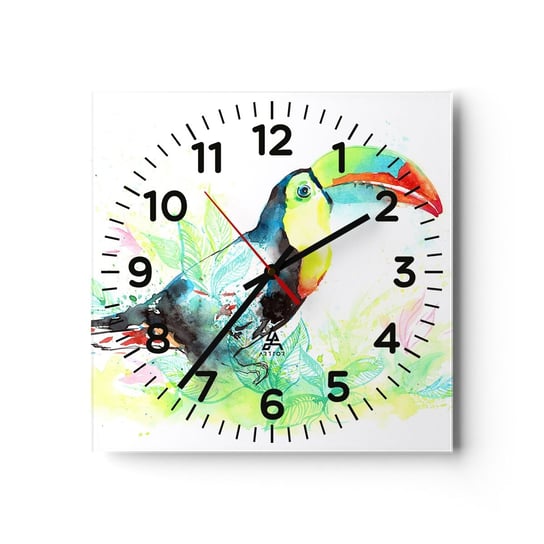 Zegar szklany - Barwny jak Ameryka Południowa - 30x30cm - Ptak Tukan Dla Dzieci - Kwadratowy zegar ścienny - Nowoczeny Stylowy Zegar do salonu do kuchni - Cichy i Modny zegar ARTTOR