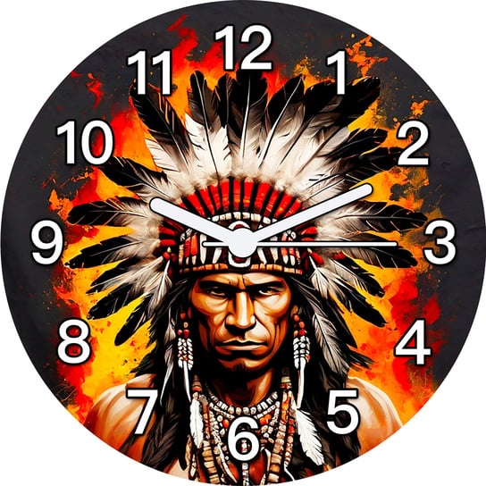 Zegar szklany na ścianę etno Indianin pióropusz okrągły do salonu 30x30 cm Szklany zegar ścienny