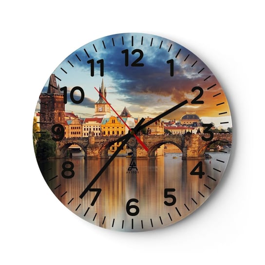Zegar szklany - Piękna od wieków - 30x30cm - Miasto Praga Czechy - Okrągły zegar ścienny - Nowoczeny Stylowy Zegar do salonu do kuchni - Cichy i Modny zegar ARTTOR