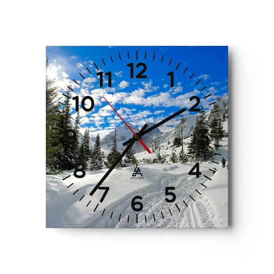 Zegar szklany - W śniegu i w słońcu - 30x30cm - Krajobraz Alpy Góry - Kwadratowy zegar ścienny - Nowoczeny Stylowy Zegar do salonu do kuchni - Cichy i Modny zegar ARTTOR