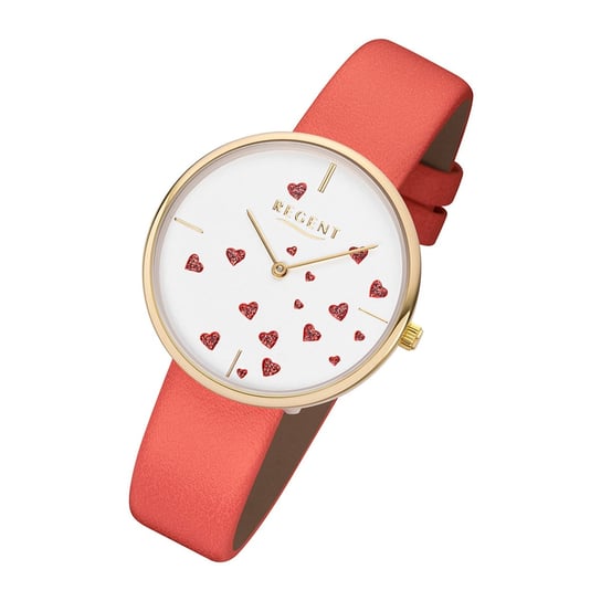 Zegarek damski Regent czas kwitnienia BA-609 skórzany zegarek na rękę czerwone serca URBA609 Regent