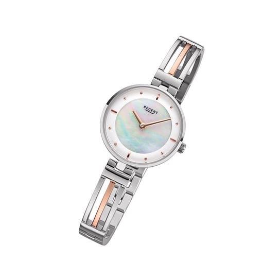 Zegarek damski Regent na metalowej bransolecie F-1147 na metalowej bransolecie zegarek w kolorze srebrnym różowo-złotym URF1147 Regent