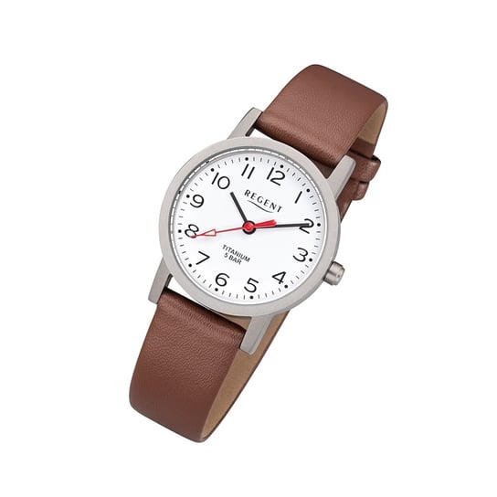Zegarek damski Regent tytanowy zegarek F-1213 analogowy zegarek na bransolecie skórzanej brązowy URF1213 Regent