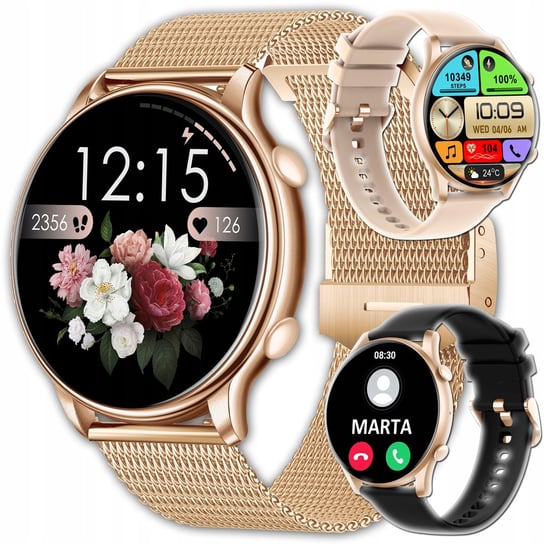 Zegarek Damski Smartwatch Złoty Z Ciśnieniomierzem Rozmowy 3 Paski Menu Pl JG Smart